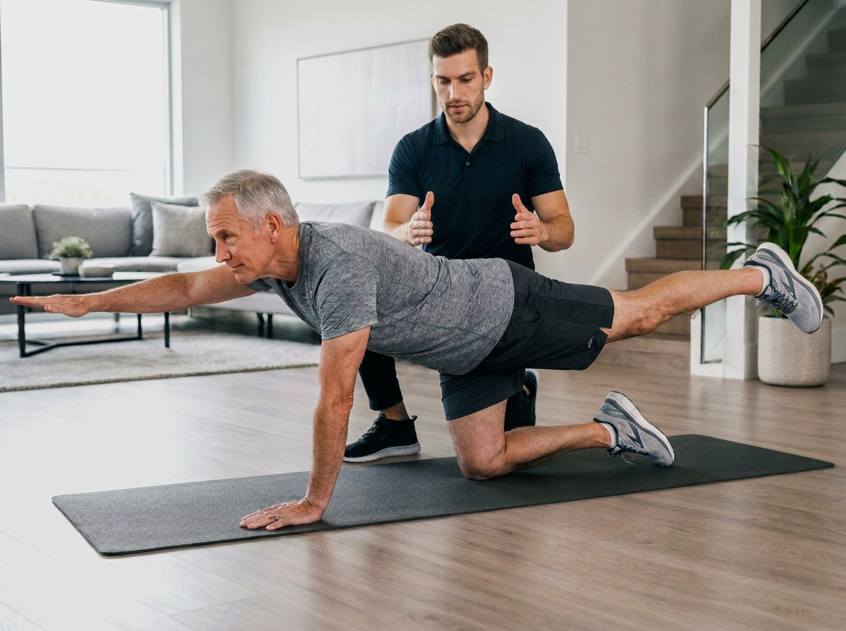 A Kinesiologist coaching a client through a bird dog exercise in her home