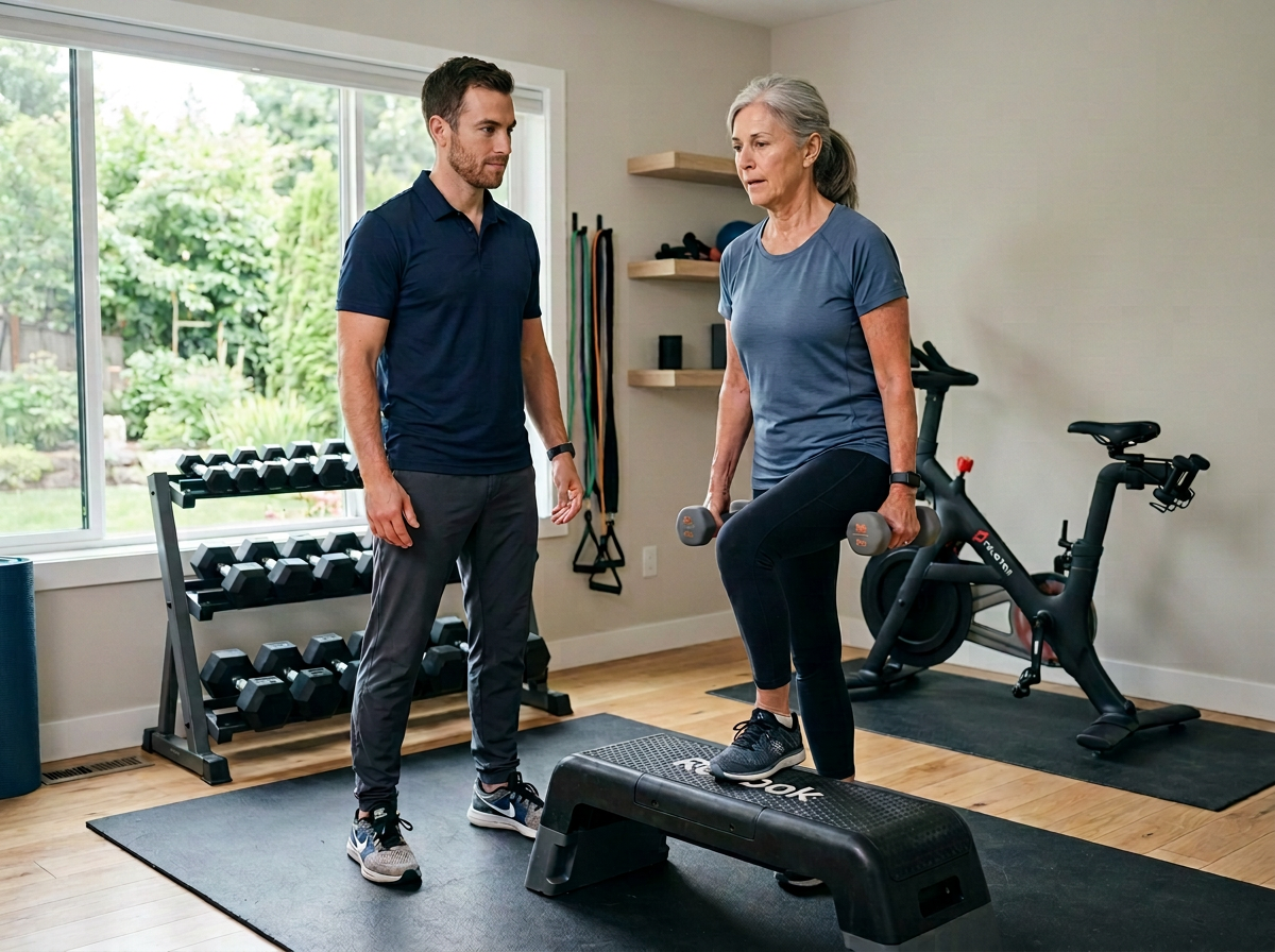 A Kinesiologist coaching a woman in her sixties through a loaded step-up