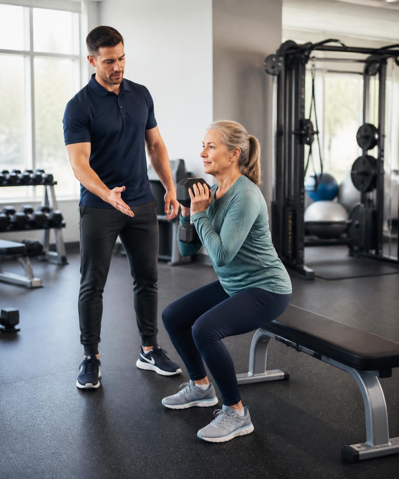 A Kinesiologist guiding a woman in her sixties through a strength exercise at the South Surrey Recreation and Arts Centre
